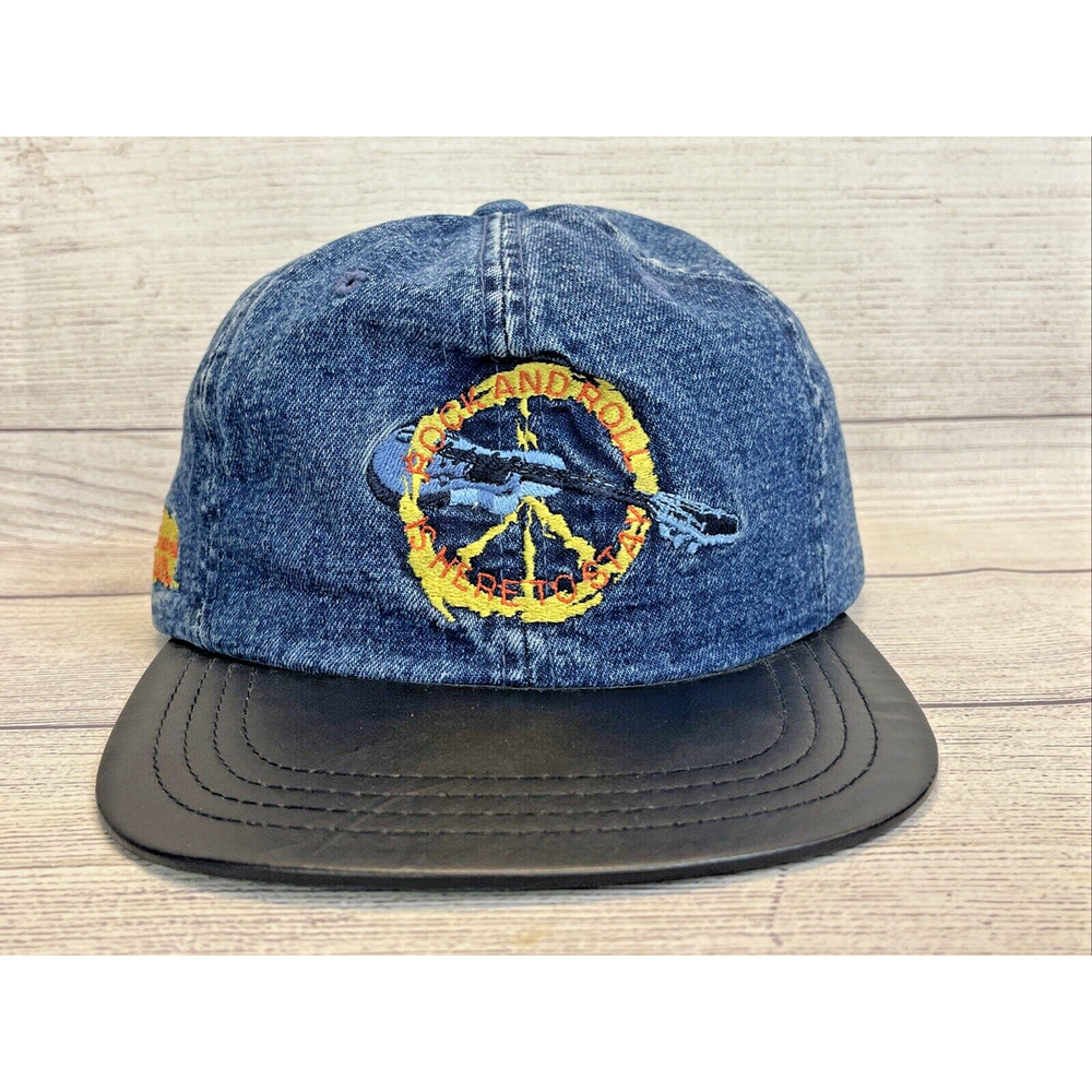 Vtg Imperial Headwear Official Rock Gear Denim & Leather Stitched Hat Strapback